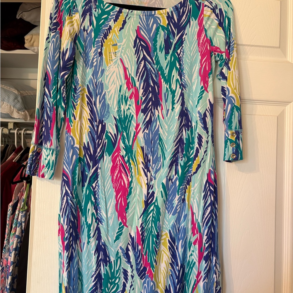 Lilly Pulitzer Feather-Print Midi Dress in Teal, Blue & Pink